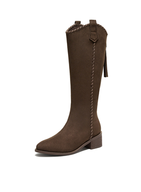 【博主推荐】百思图冬绒面骑士靴长靴V口粗跟女西部靴F3016DG5