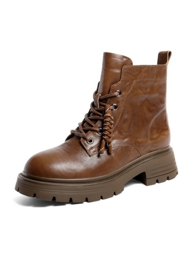 【博主推荐】百丽复古质感抓皱面马丁靴女冬英伦风短靴E4W1DDD5