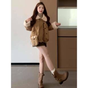 皮毛个QDX一翻领羊羔毛外套女秋体冬202新款韩系5巨好看小子短款