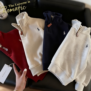 儿童加绒保暖卫衣女童冬款男童半拉链上衣小童纯色立领POLO衫宝宝