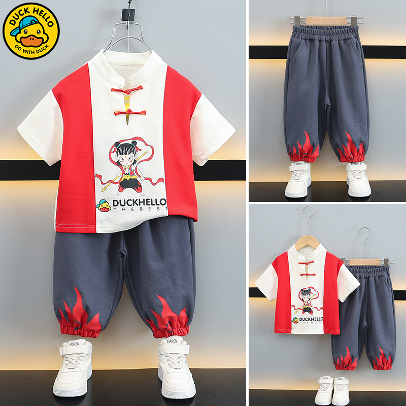 男童2025夏季哪吒套装新款国潮汉服男宝宝短袖两件套中小童夏装潮