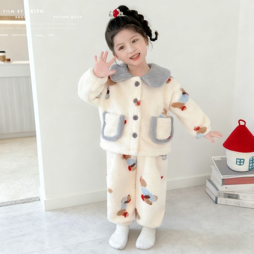 儿童睡衣套装法兰绒保暖珊瑚翻领