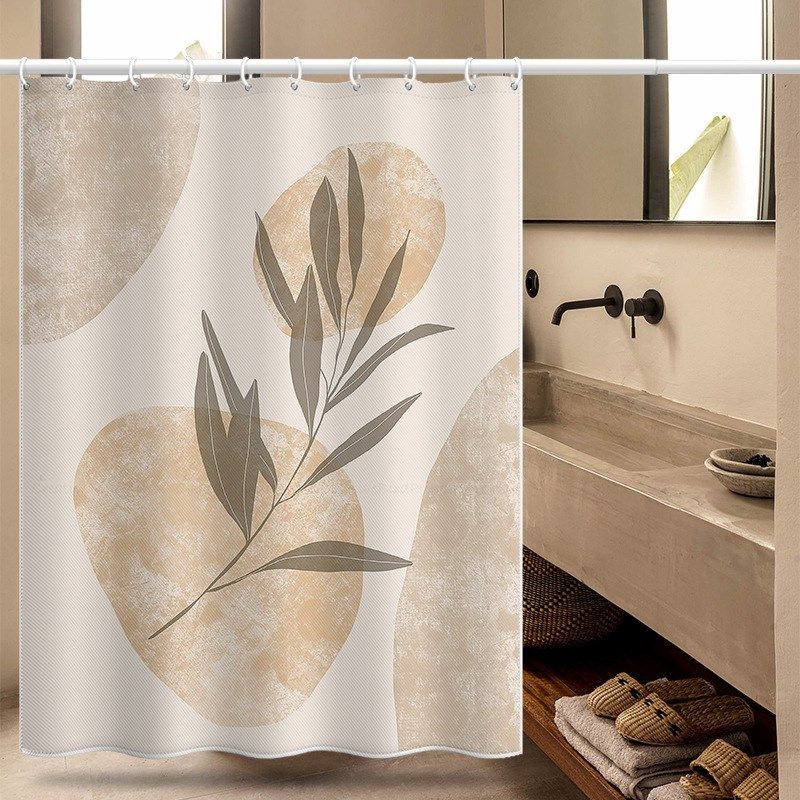 亚马逊跨境涤纶数码印花淋浴防水浴帘莫兰迪叶子浴室隔断窗帘
