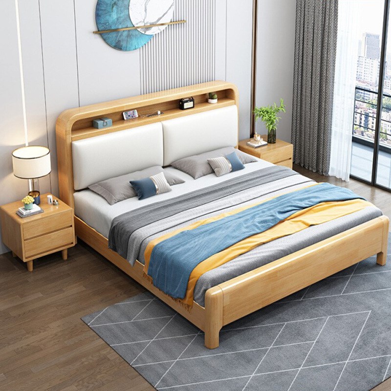 北欧实木床1.8软靠带夜灯双人床现代简约1.5m1.35小户型1.2储物床