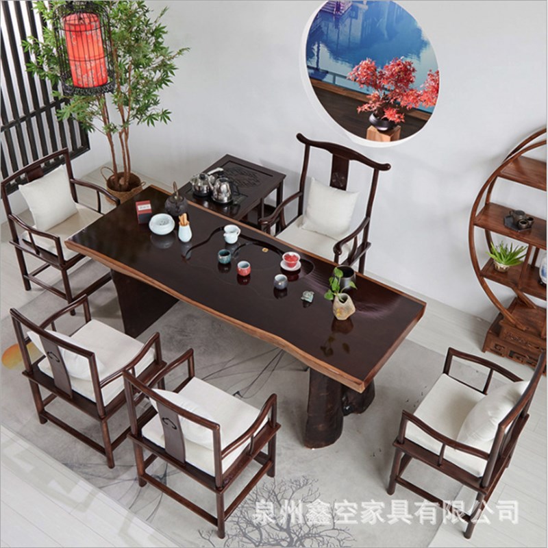 新中式全实木不规则茶桌 家用客厅复古功夫泡茶桌椅组合会议茶台