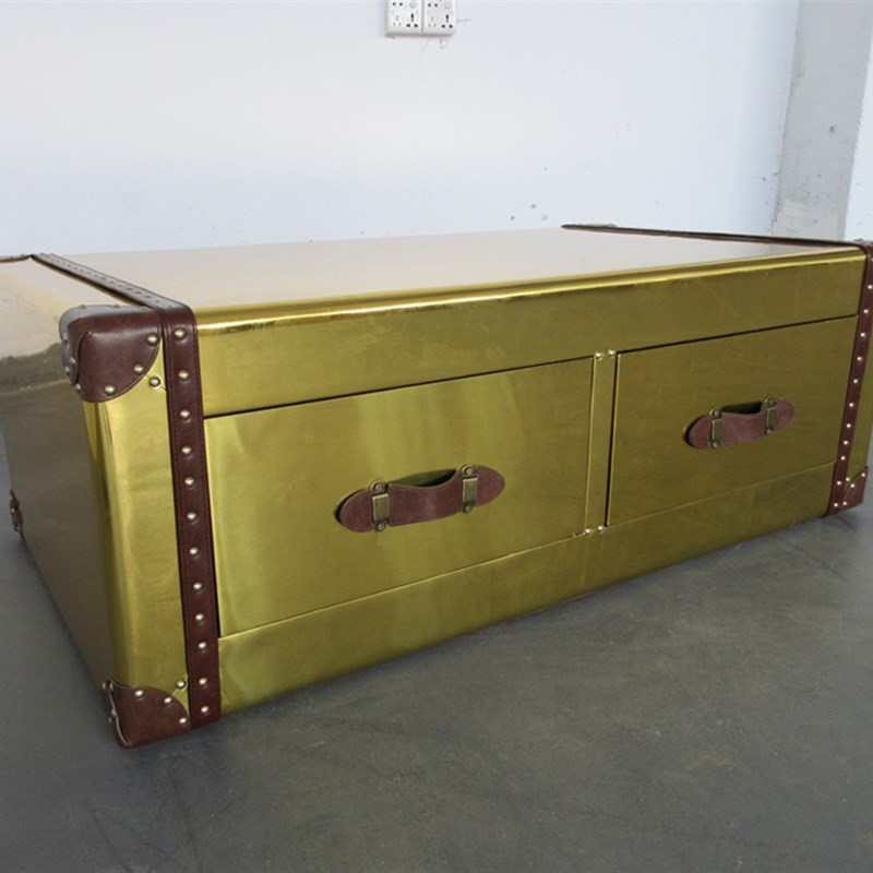 美式做旧loft工业风铝皮创意茶几复古铆钉储物箱铝皮箱式金色茶几