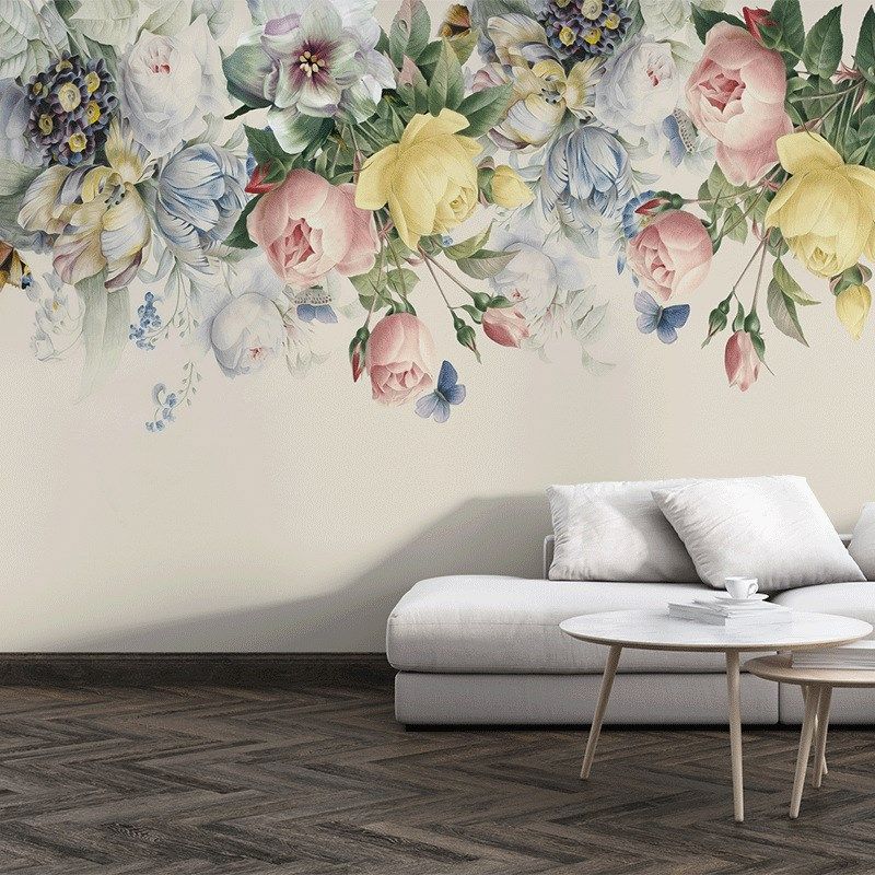 跨境代发亚马逊美式蔷薇花卉简约田园客厅背景墙自粘PVC无缝壁画