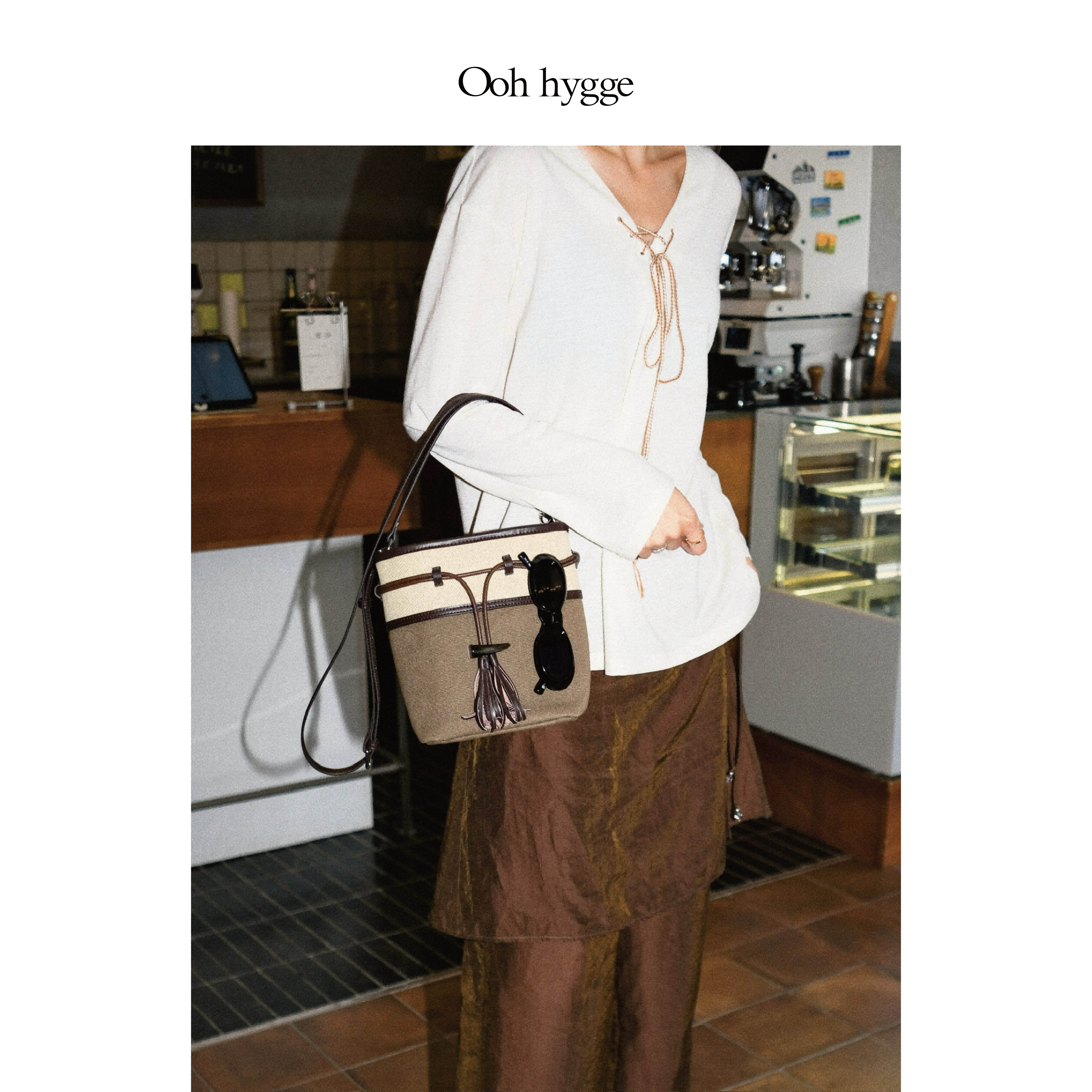 Oohhygge.咯咯小水桶包拼接撞色牛角扣装饰单肩斜跨手提通勤包包