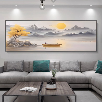 新款旭日东升客厅挂画高档大气山水横版壁画现代轻奢沙发背景墙