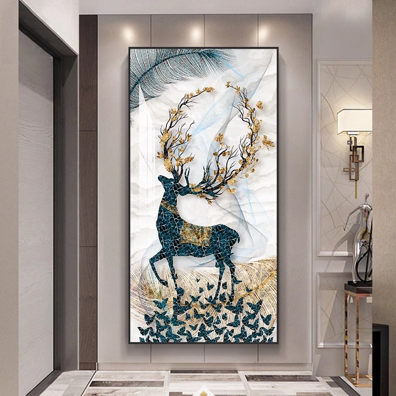 金鹿入户玄关装饰画镶钻晶瓷画北欧现代简约走廊过道轻奢高端挂画图片