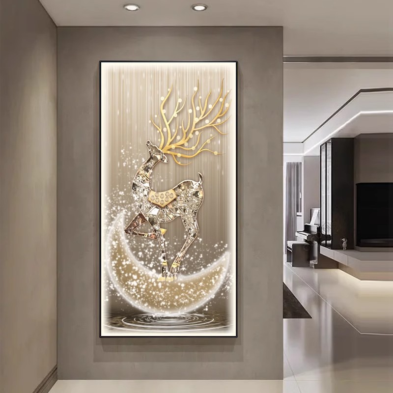 玄关装饰画氛围灯轻奢过道走廊竖版壁画画麋鹿镶钻立体挂画现代图片