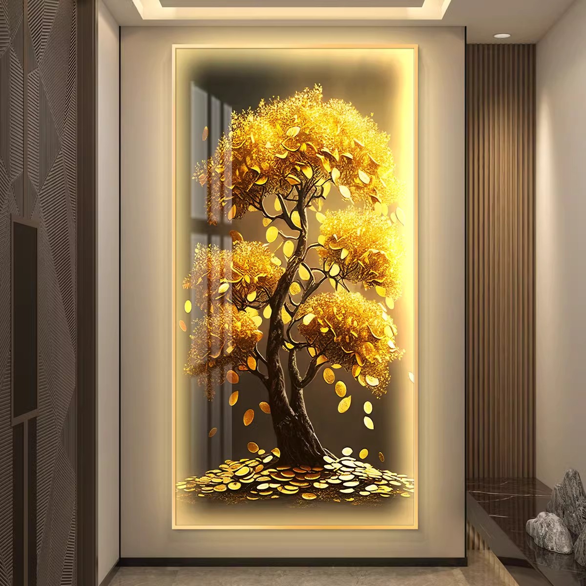轻奢入户玄关装饰画摇钱树led带灯壁画简约现代走廊过道竖版挂画图片