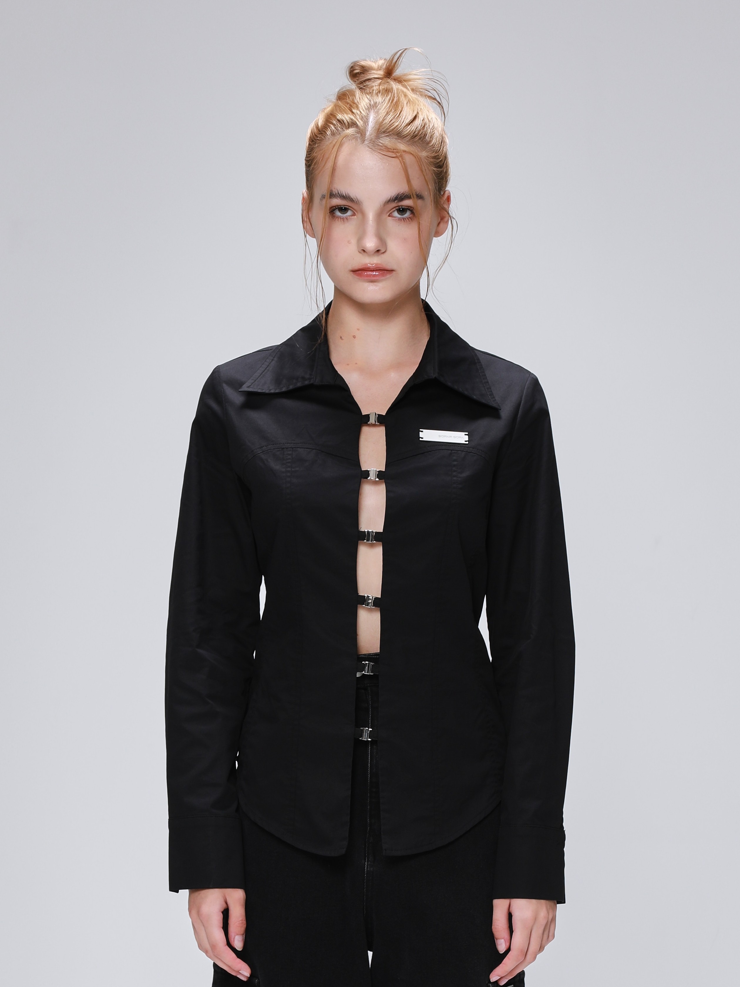 长袖时尚设计拼接收腰衬衫女两色