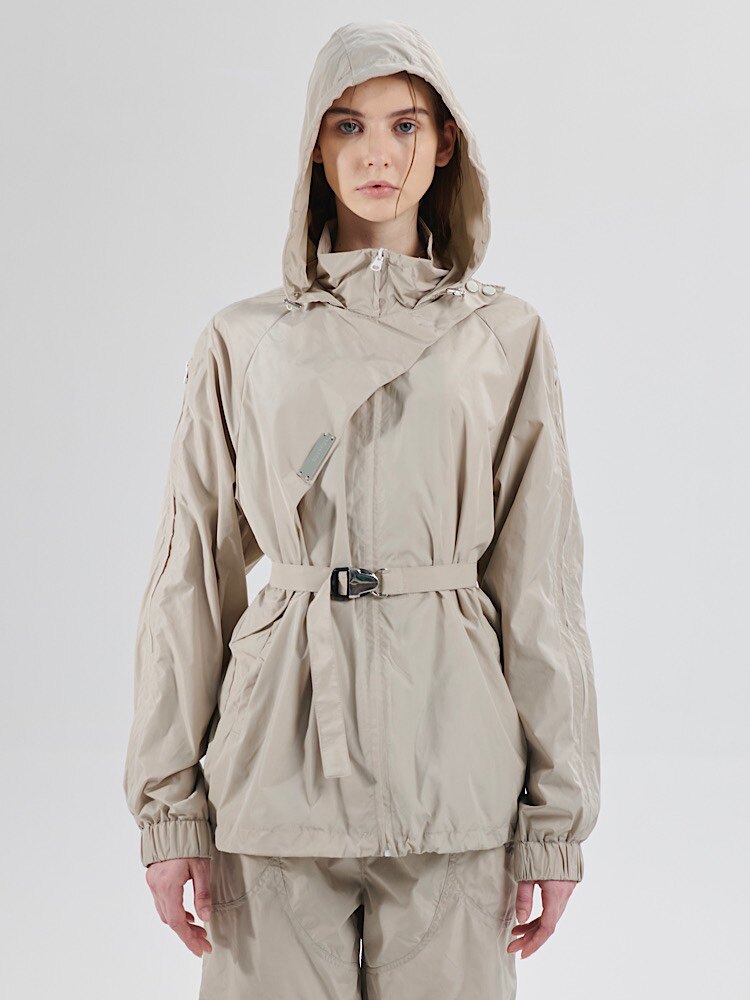 SOFAR GOFA米灰色连帽可拆卸冲锋衣外套防风机能拉链解构男女同款