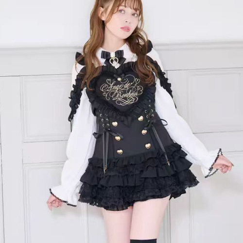 可爱洛丽塔蕾丝爱心刺绣绑带蕾服