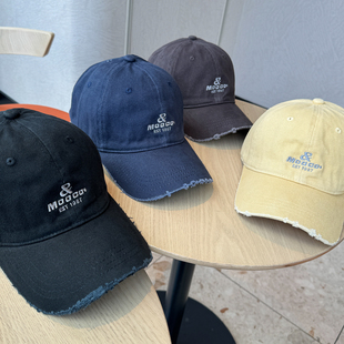 25美式 复古破洞学院风鸭舌帽子女宽檐遮阳大头围显脸小情侣棒球帽