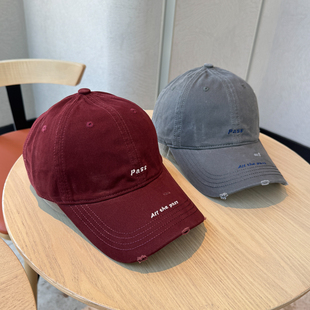 韩版简约小字母刺绣磨边棒球帽子女秋季百搭宽帽檐显脸小鸭舌帽男