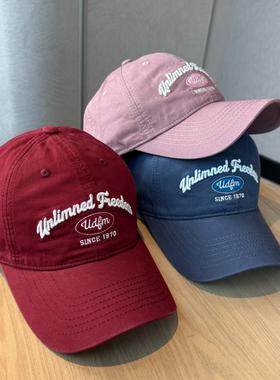 美式复古字母刺绣红色棒球帽女春夏新款宽帽檐显脸小灰色鸭舌帽子