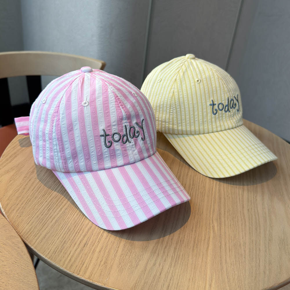 韩系条纹加长蝴蝶结小清新鸭舌帽子女字母刺绣春夏出游防晒棒球帽