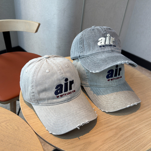 森莉韩系复古air字母刺绣棒球帽子男女做旧破洞大头围牛仔鸭舌帽