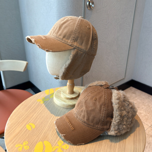 25美式 复古做旧破洞护耳毛绒雷锋帽子女秋冬保暖护耳防寒鸭舌帽男