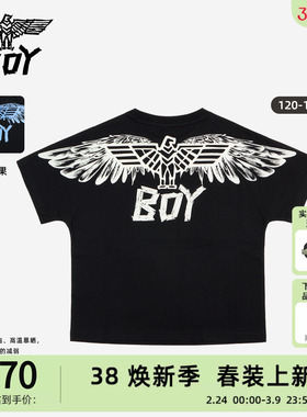 BOY童装 26夏新款光变短袖T恤黑色翅膀印花圆领上衣男女童同款