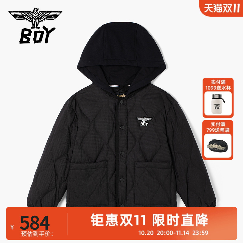 BOY童装 秋冬潮牌老鹰菱形格短款黑色连帽羽绒服男童女童