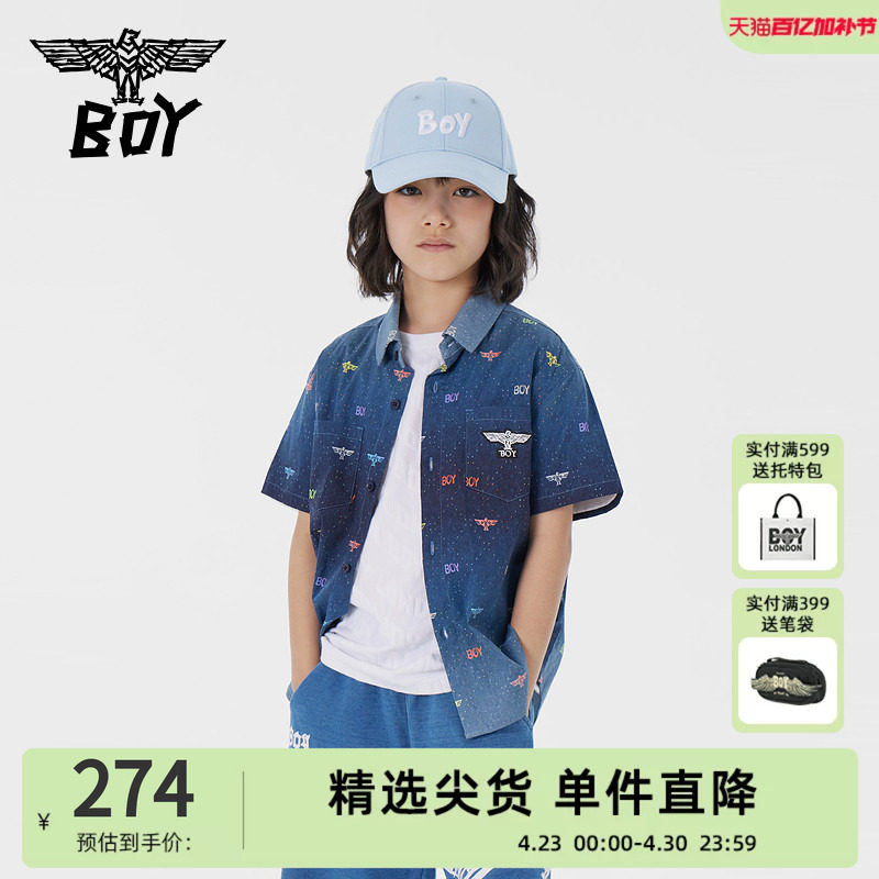 BOY 童装儿童短袖衬衫春夏字母印花深蓝牛仔色上衣男童女童
