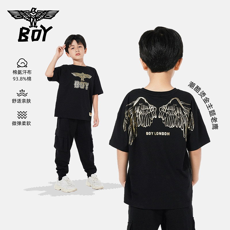 BOY童装 夏季男女童短袖T恤舒适休闲运动经典黑金翅膀印花款