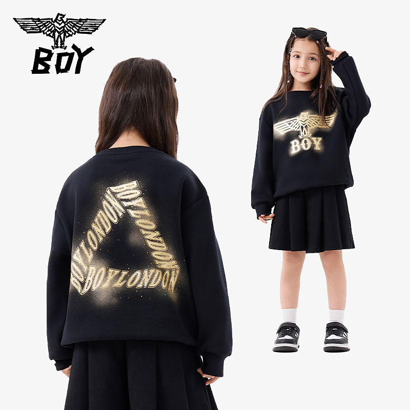 BOY童装 秋冬男女童潮牌上衣烫金老鹰舒适针织圆领套头卫衣