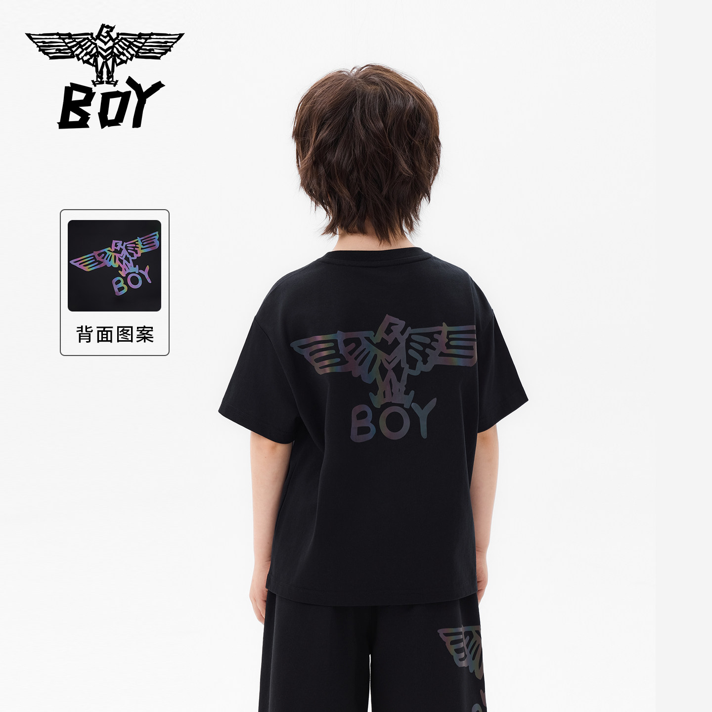 BOY童装26春夏新品黑色老鹰印花短袖纯棉T恤男女同款圆领上衣