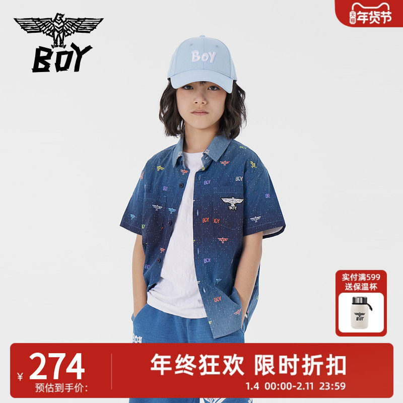BOY 童装儿童短袖衬衫春夏字母印花深蓝牛仔色上衣男童女童