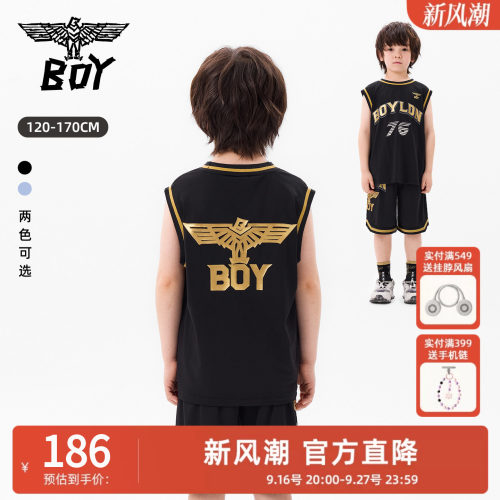 BOY 童装26夏季新品篮球风无袖背心男黑色字母印花运动T恤上衣