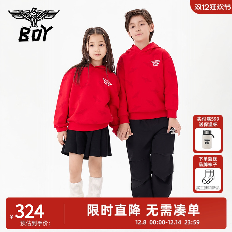 BOY童装 秋冬圣诞新年红儿童潮牌长袖连帽套头卫衣男童女童