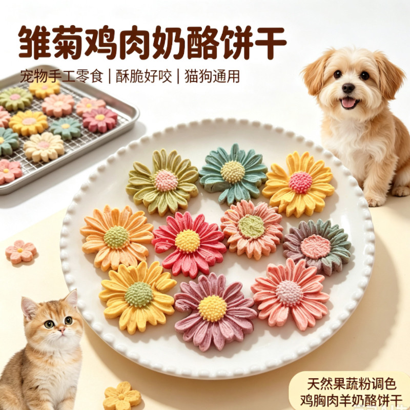 自制手工狗狗零食宠物饼干猫咪下午茶花朵雏菊鸡胸肉训练奖励配餐