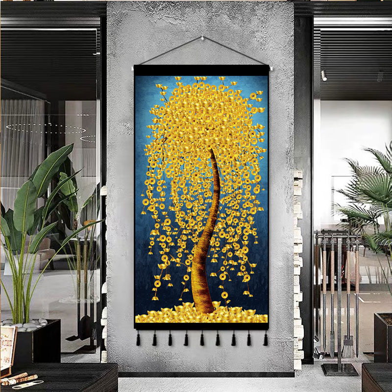 中式发财树挂画布艺客厅背景墙玄关床头装饰挂毯电表箱遮挡壁画布图片