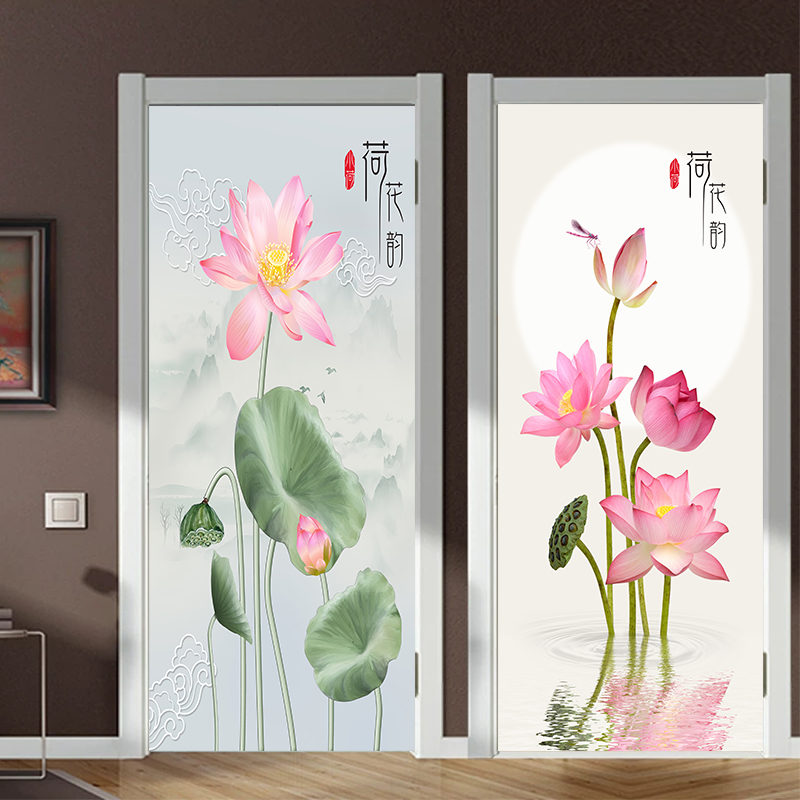 加厚荷花门贴纸整张自粘装饰卧室衣柜卫生间玻璃移门遮丑防水贴画图片