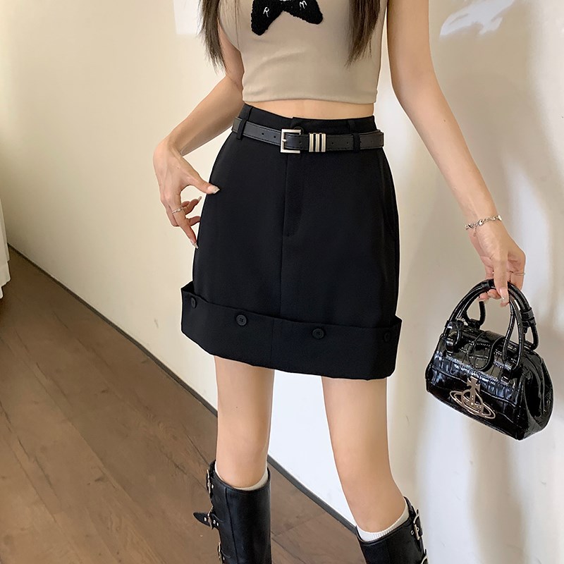 纽扣a字半身裙女秋季大码黑色高腰显瘦气质短裙子美式高级西装裙