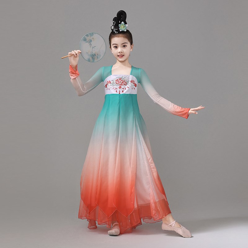 锦鲤连年女童古典舞舞蹈服飘逸渐变连衣裙仙气大摆裙儿童演出服装