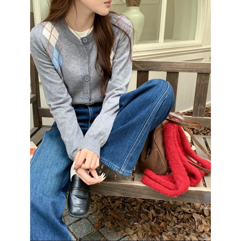 3th Morning 柏林学院 撞色菱形格纹提花圆领针织开衫ZY3729