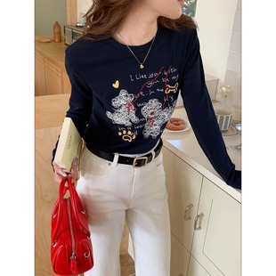 3th Morning 早春新款 韩系减龄线条小狗印花长袖T恤ZY3957