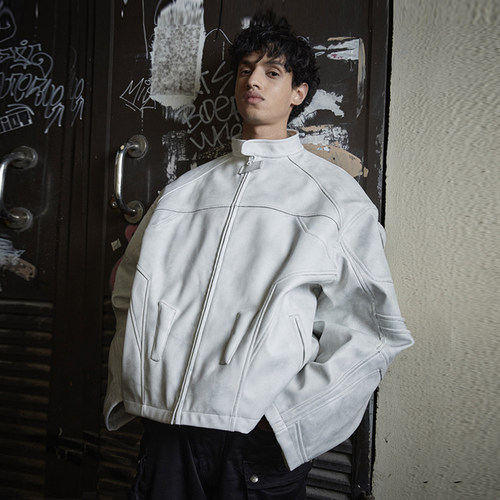 立领春宽松做旧落肩皮衣夹克