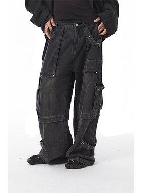 PRDX-22AW- 柳丁圆环扣袋设计感 小众黑色牛仔裤工装长裤
