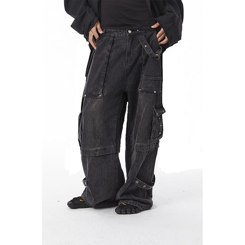 PRDX-22AW- 柳丁圆环扣袋设计感 小众黑色牛仔裤工装长裤