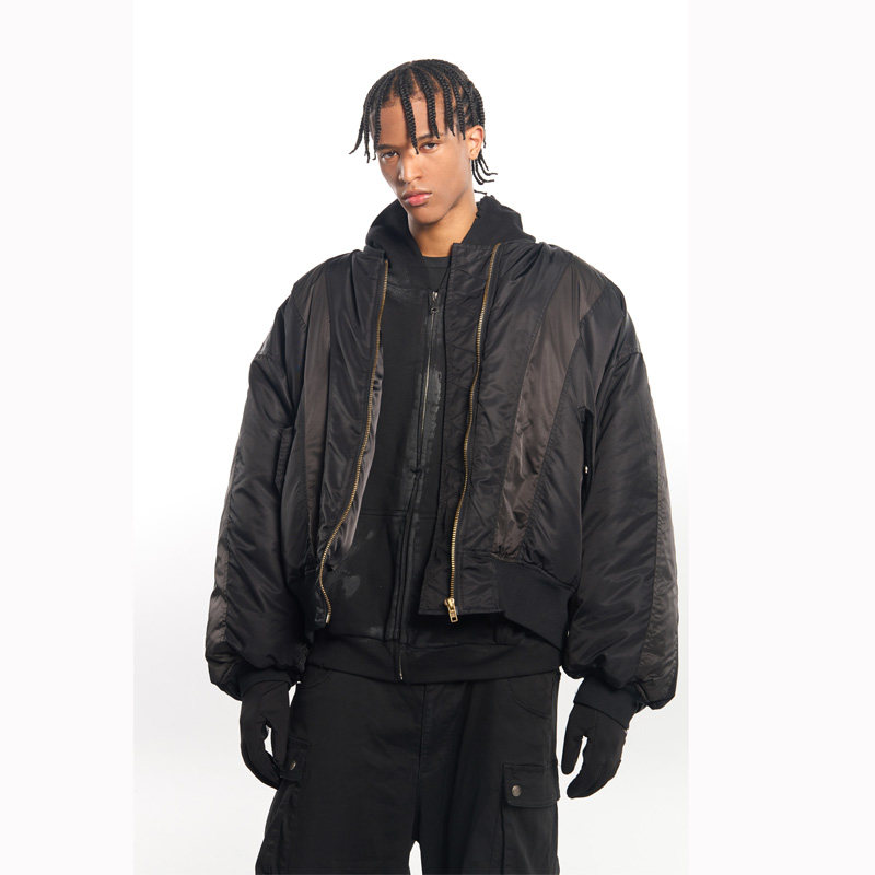 PRDX秋冬新款高街美式潮流基础款拼接工艺剪裁拉链夹克棉服外套