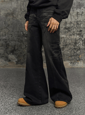 PRDX春季新款潮流廓形宽松版波纹暗黑美式潮流街头潮牌长裤牛仔裤