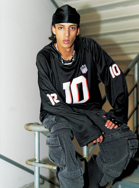 PRDX嘻哈美式高街潮流Slogan套头宽松V领网眼球衣嘻哈男长袖T恤