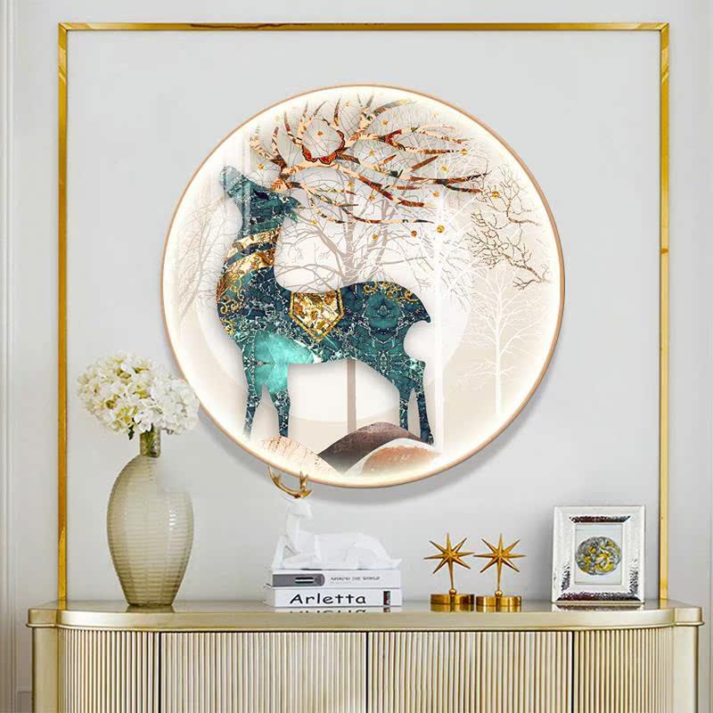 入户画声控led带灯玄关画圆形装饰画轻奢麋鹿招财挂画晶瓷画壁画