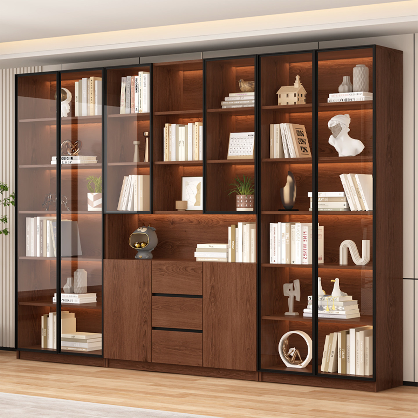 实木书柜落地储物柜一体置物架客厅靠墙储物柜酒柜玻璃书架展示柜,住宅家具,组合书柜,淘宝优惠券,粉丝福利购,淘宝优惠卷
