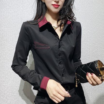 加绒衬衫女新款冬季加厚保暖时尚拼接修身长袖上衣气质职业衬衣潮
